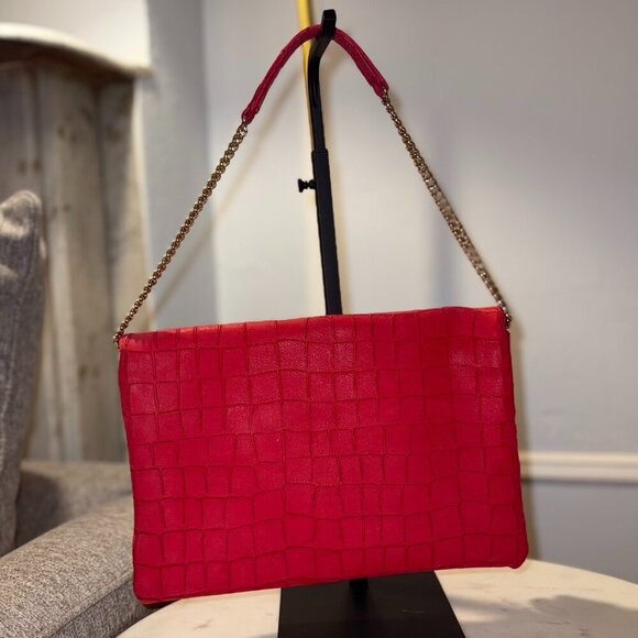 Henri Bendel RARE Debutante Foldover Croc Embossed Suede Leather Clutch (EUC) - Picture 2 of 13